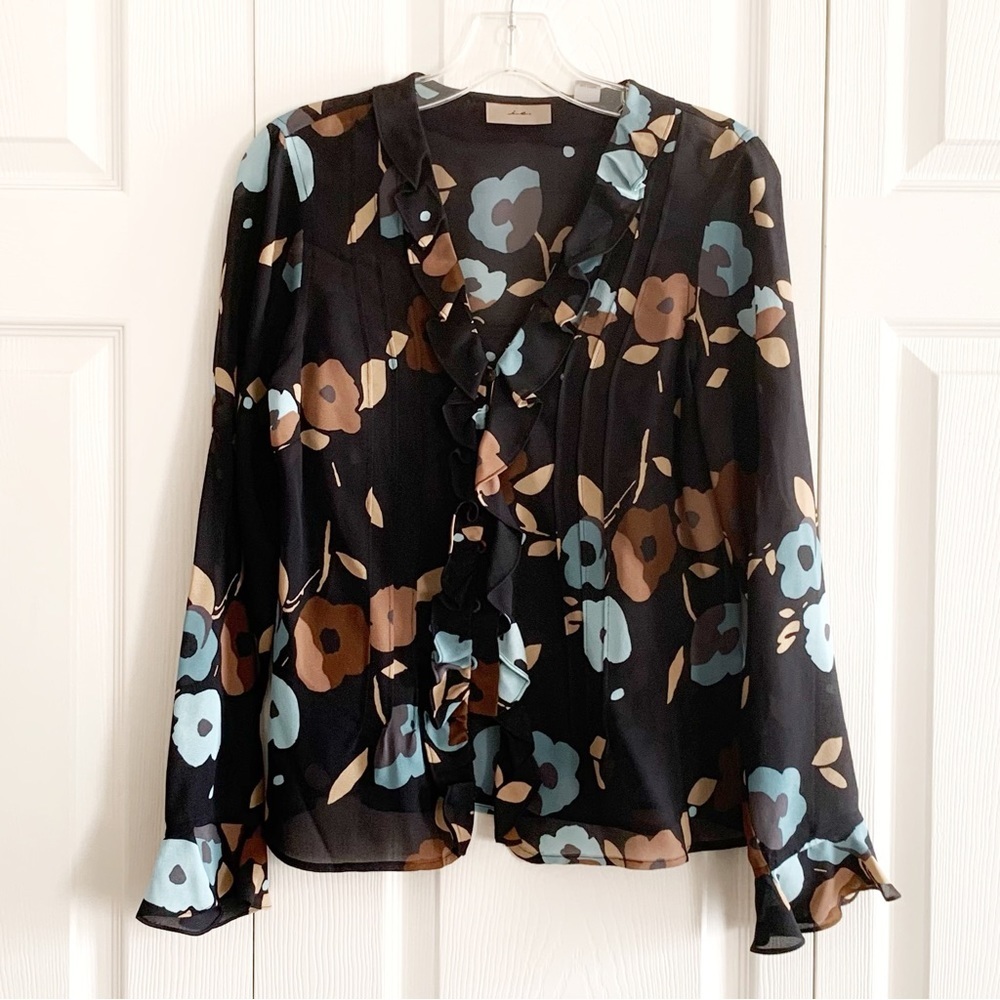 i.e. Silk Black Floral Professional Ruffle Blouse